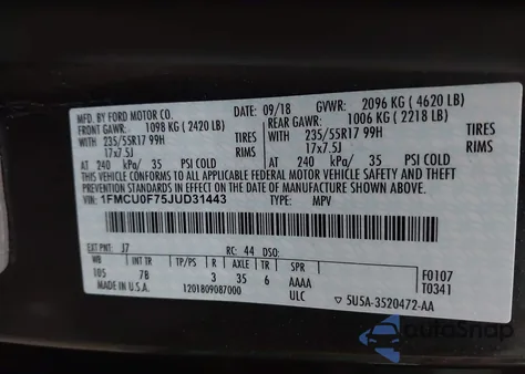 2018 Ford Escape S from USA, damaged, VIN 1FMCU0F75JUD31443